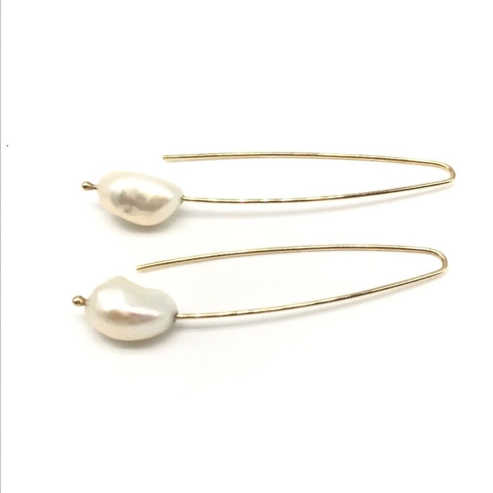 14k Yellow Gold 13MM Baroque Pearl Hook Drop Earrings 2" - Picture 7 of 8
